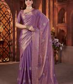 Purple heavy work fandy satin silk blend saree