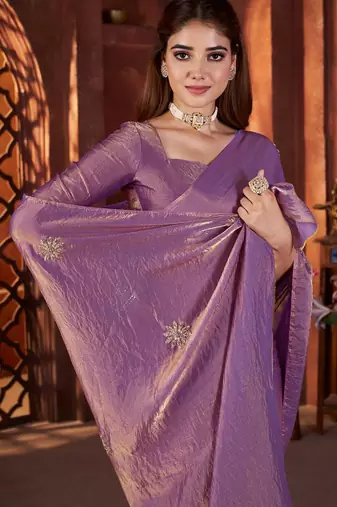 Purple heavy work fandy satin silk blend saree