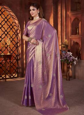 Purple heavy work fandy satin silk blend saree 4