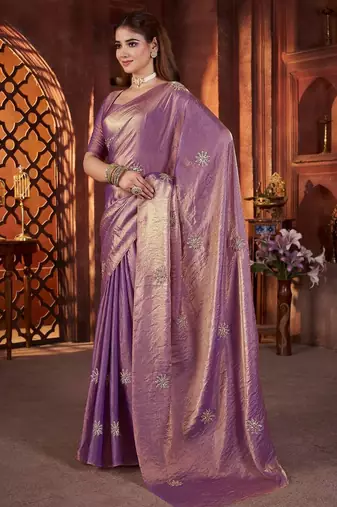 Purple heavy work fandy satin silk blend saree