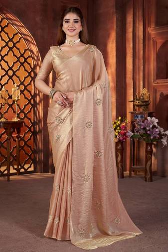 Peach heavy work fandy satin silk blend saree