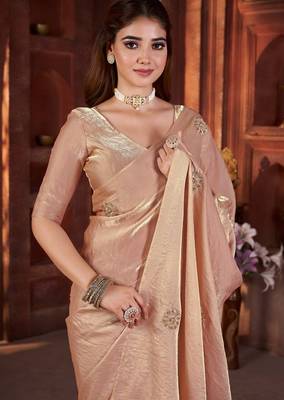 Peach heavy work fandy satin silk blend saree 3