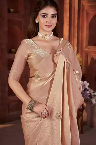 Peach heavy work fandy satin silk blend saree