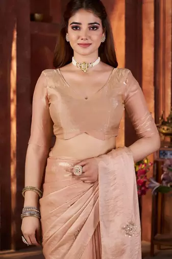 Peach heavy work fandy satin silk blend saree