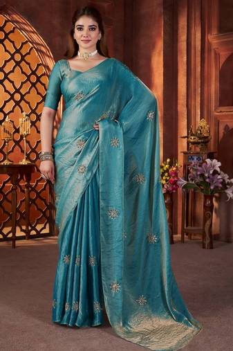Blue heavy work fandy satin silk blend saree