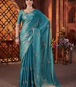 Blue heavy work fandy satin silk blend saree