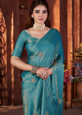 Blue heavy work fandy satin silk blend saree 4