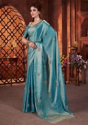 Blue heavy work fandy satin silk blend saree 5