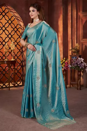 Blue heavy work fandy satin silk blend saree