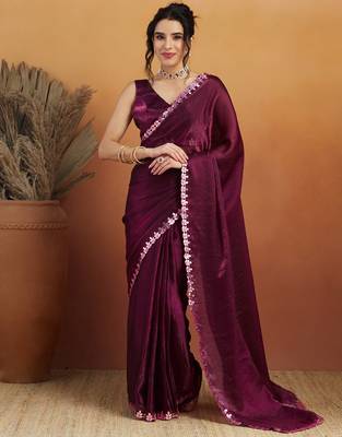 pre-stitched wine embroidered saree 1