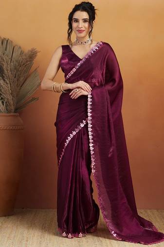 Wine embroidered ready to wear saree