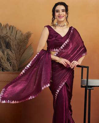pre-stitched wine embroidered saree 3