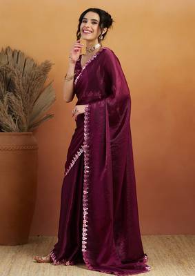 pre-stitched wine embroidered saree 5