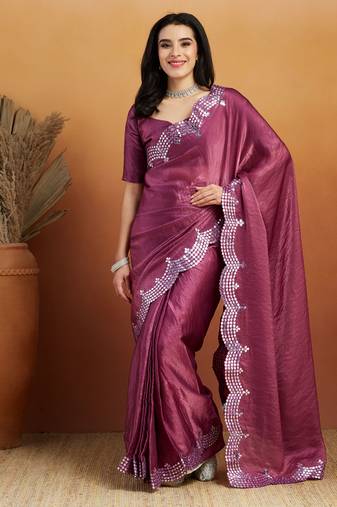 Purple embroidered ready to wear saree