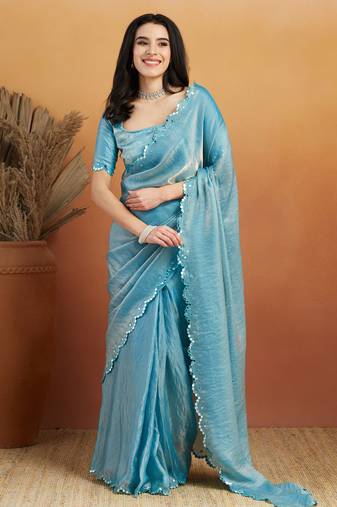 Sky blue satin ready to wear saree
