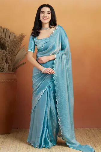 Sky blue satin ready to wear saree