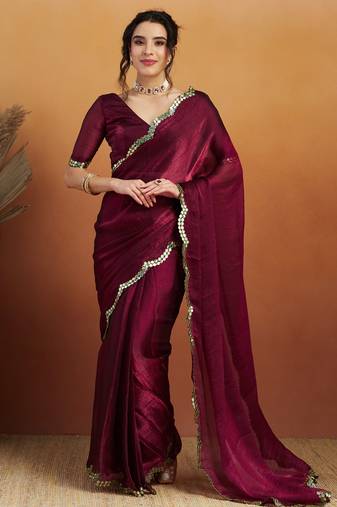 Burgundy satin ready to wear saree