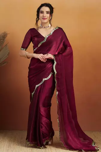 Burgundy satin ready to wear saree