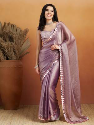 pre draped lavender satin saree 1