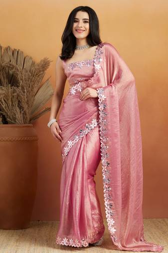 Pink satin ready to wear saree
