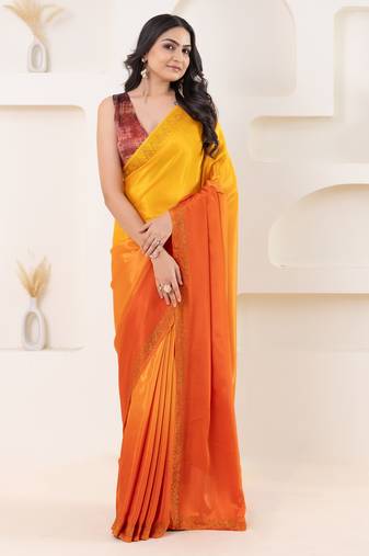 Yellow satin ready to wear saree