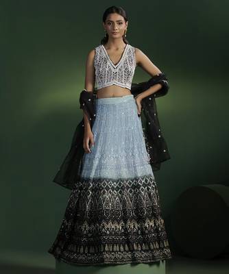blue embroidered georgette lehenga 1
