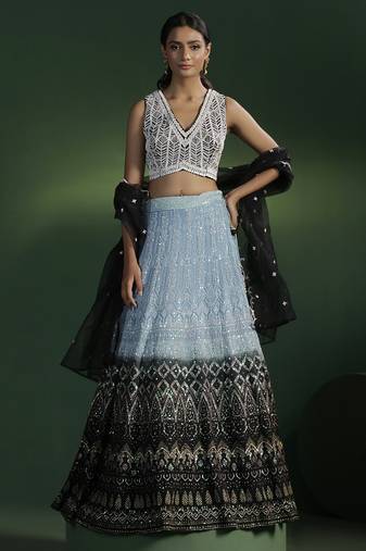 blue embroidered georgette lehenga
