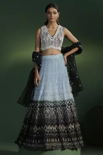 blue embroidered georgette lehenga
