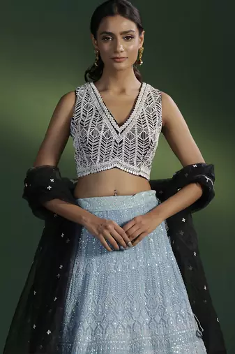 blue embroidered georgette lehenga