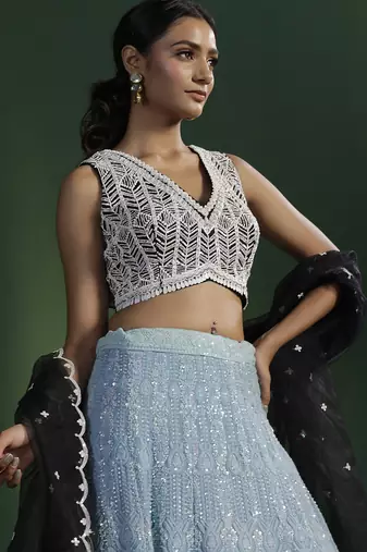 blue embroidered georgette lehenga