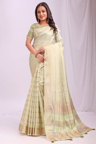 Pista woven zari organza saree
