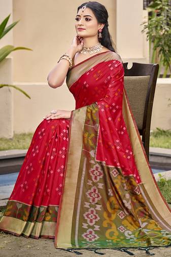 Red pochampalli silk blend woven saree