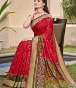 Red pochampalli silk blend woven saree