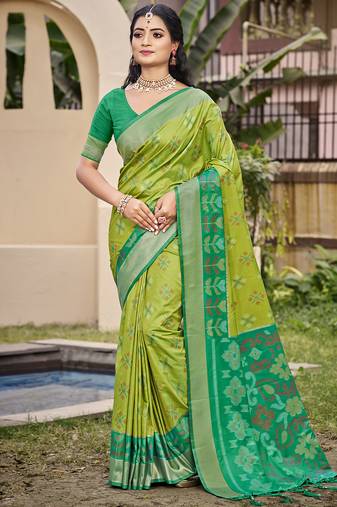 Parrot green pochampalli silk blend woven saree