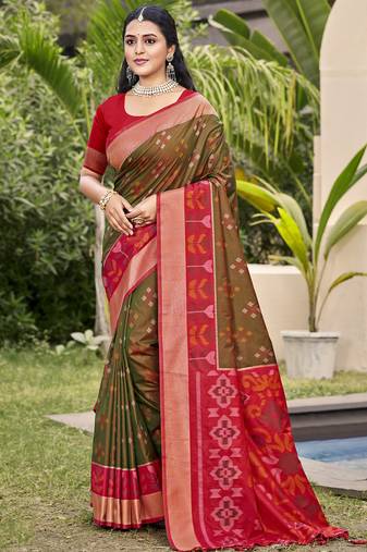 Brown pochampalli silk blend woven saree
