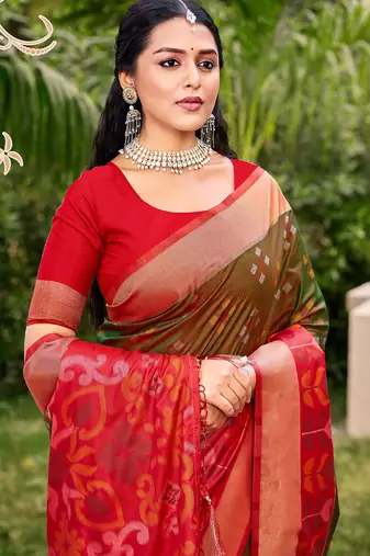 Brown pochampalli silk blend woven saree