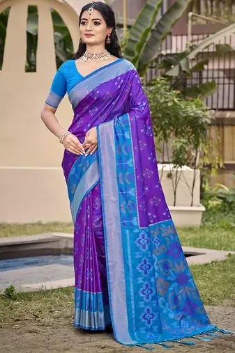 Violet pochampalli silk blend woven saree