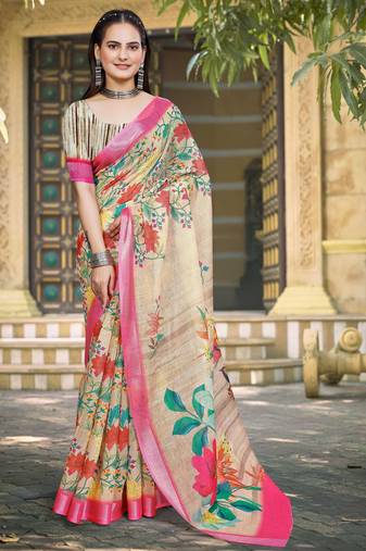Yellow linen cotton woven border printed saree