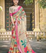 Yellow linen cotton woven border printed saree