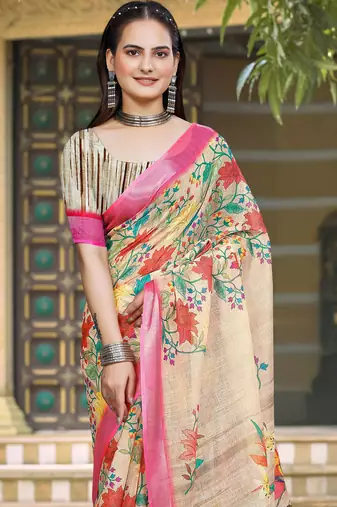 Yellow linen cotton woven border printed saree