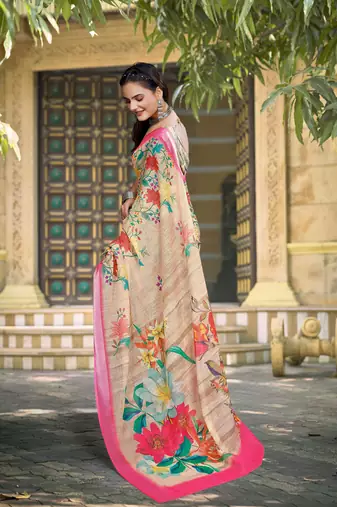 Yellow linen cotton woven border printed saree