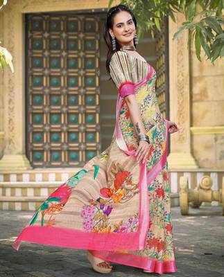 Yellow linen cotton woven border printed saree 5