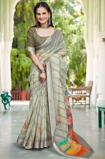Pista linen cotton woven border printed saree