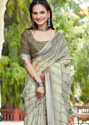 Pista linen cotton woven border printed saree 3