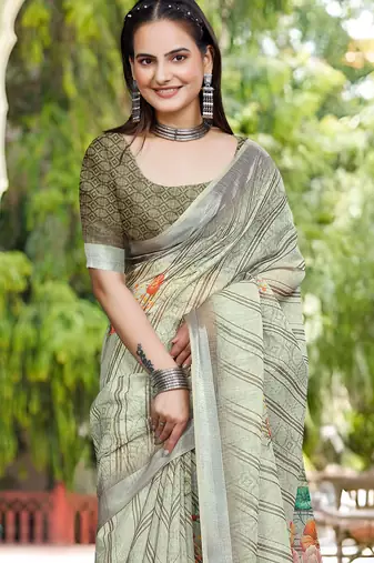 Pista linen cotton woven border printed saree