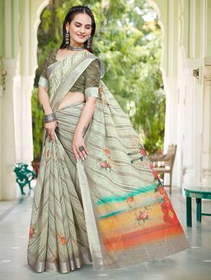 Pista linen cotton woven border printed saree 4