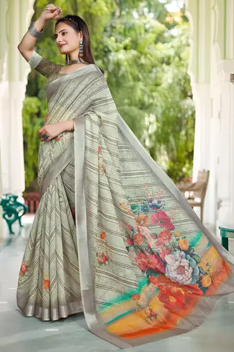 Pista linen cotton woven border printed saree