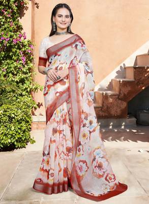Cream linen cotton woven border printed saree 1