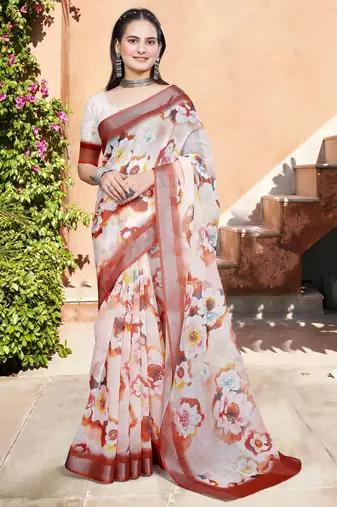 Cream linen cotton woven border printed saree