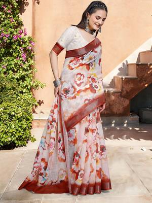 Cream linen cotton woven border printed saree 5